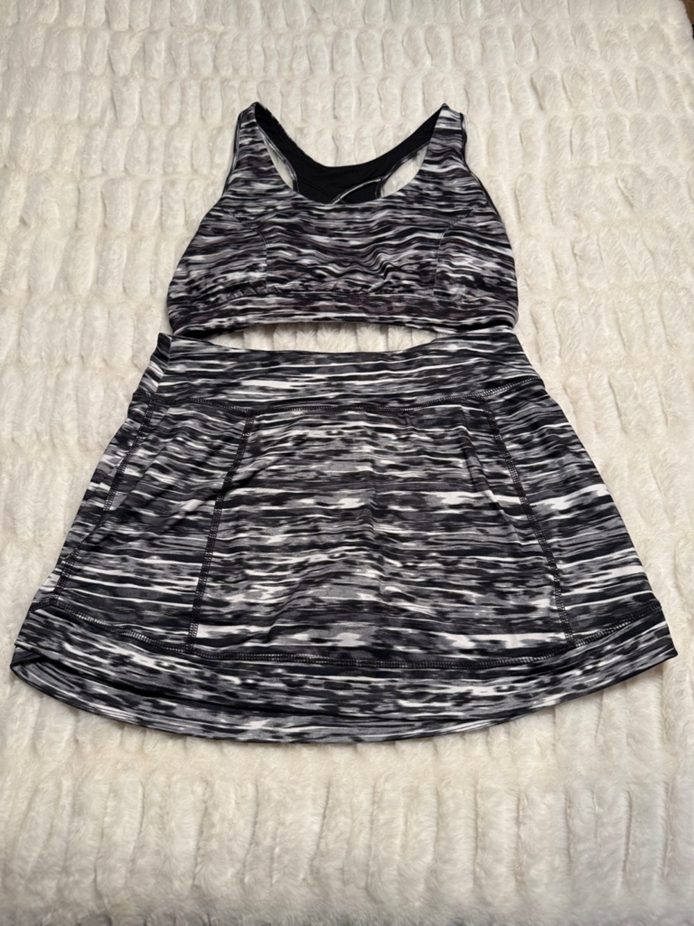 Women's Black & White Space-Dye Athletic Skort with Matching Sports Bra